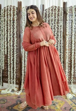 Vrunda Brick Red Rogan Chanderi Silk A Line Kurta Set (Set of 3)