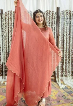 Vrunda Brick Red Rogan Chanderi Silk A Line Kurta Set (Set of 3)