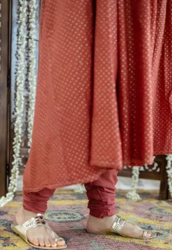 Vrunda Brick Red Rogan Chanderi Silk A Line Kurta Set (Set of 3)