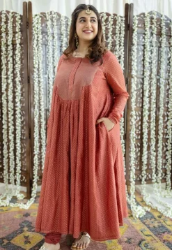 Vrunda Brick Red Rogan Chanderi Silk A Line Kurta Set (Set of 3)