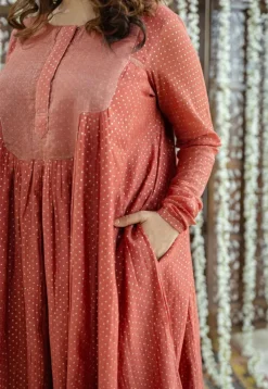Vrunda Brick Red Rogan Chanderi Silk A Line Kurta Set (Set of 3)