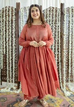 Vrunda Brick Red Rogan Chanderi Silk A Line Kurta Set (Set of 3)