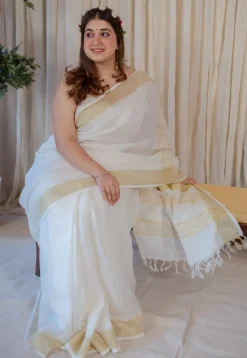 White Linen Golden Zari Border Saree