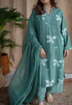 Yahna Green Straight Dabu Slub Cotton Co-ord Set with Hand Embroidery (Set of 2)