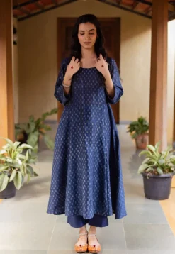 Yashi Dark Indigo Solid Chanderi Silk Straight Pant