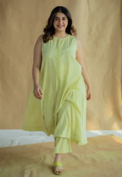 Yashi Lime Green Hand Block Print Slub Cotton Straight Pant