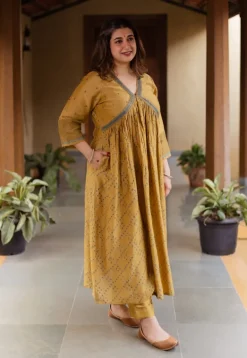 Yashi Mustard Ajrakh Chanderi Silk Straight Pant