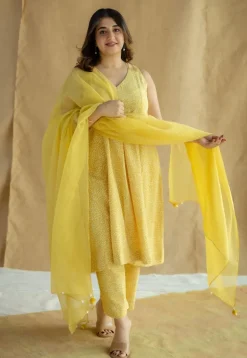 Yashi Mustard Hand Block Print Slub Cotton Straight Pant