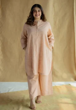 Yashi Peach Hand Block Print Slub Cotton Straight Pant