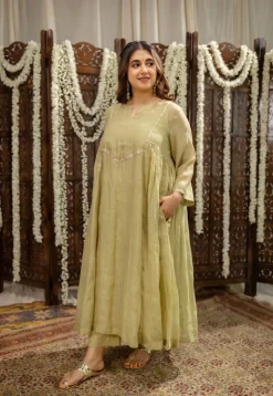 Yashika Sage Green A Line Chanderi Silk Gota Patti Kurta Set (Set of 3)