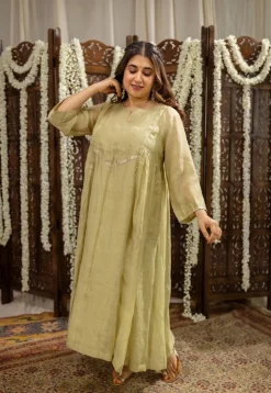 Yashika Sage Green A Line Chanderi Silk Gota Patti Kurta Set (Set of 3)
