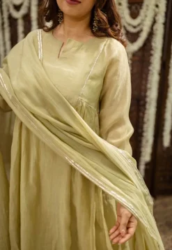 Yashika Sage Green A Line Chanderi Silk Gota Patti Kurta Set (Set of 3)