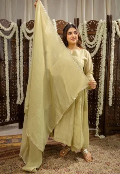 Yashika Sage Green A Line Chanderi Silk Gota Patti Kurta Set (Set of 3)