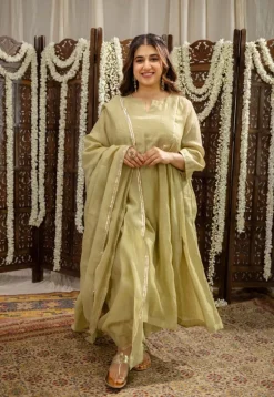 Yashika Sage Green A Line Chanderi Silk Gota Patti Kurta Set (Set of 3)