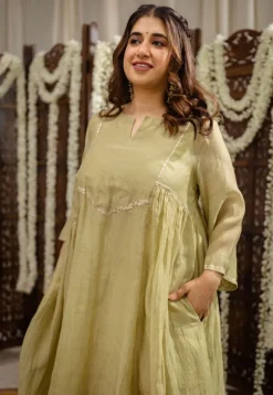 Yashika Sage Green A Line Chanderi Silk Gota Patti Kurta Set (Set of 3)