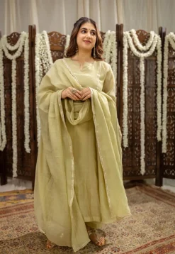 Yashika Sage Green A Line Chanderi Silk Gota Patti Kurta Set (Set of 3)