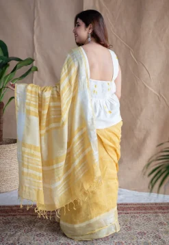 Yellow Checks Dabu Linen Silver Zari Border Saree