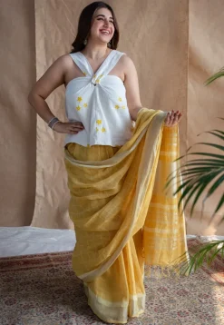 Yellow Checks Dabu Linen Silver Zari Border Saree