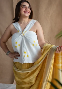 Yellow Checks Dabu Linen Silver Zari Border Saree