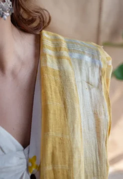 Yellow Checks Dabu Linen Silver Zari Border Saree