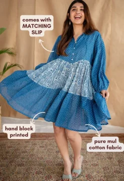 Yuvani Batik Natural Dyed MulMul Cotton Dress with Slip