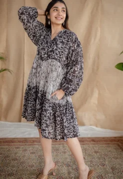 Yuvani Charcoal Batik MulMul Cotton Loose Dress with Slip