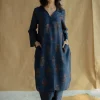 Zafreen Dark Indigo Ajrakh Chanderi Silk A Line Kurta with Hand Embroidery