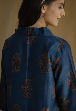 Zafreen Dark Indigo Ajrakh Chanderi Silk A Line Kurta with Hand Embroidery