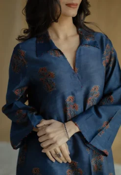 Zafreen Dark Indigo Ajrakh Chanderi Silk A Line Kurta with Hand Embroidery