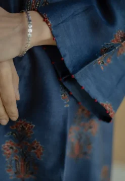 Zafreen Dark Indigo Ajrakh Chanderi Silk A Line Kurta with Hand Embroidery