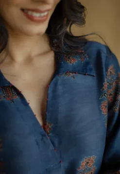 Zafreen Dark Indigo Ajrakh Chanderi Silk A Line Kurta with Hand Embroidery