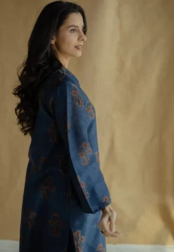 Zafreen Dark Indigo Ajrakh Chanderi Silk A Line Kurta with Hand Embroidery
