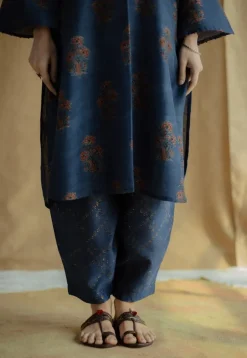 Zafreen Dark Indigo Ajrakh Chanderi Silk A Line Kurta with Hand Embroidery