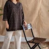 Zaiba Charcoal Straight Dabu Slub Cotton Short Top