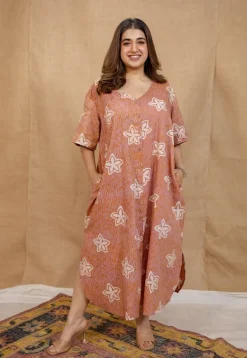 Zaya Peach Batik Cotton Loose Dress