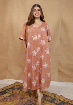 Zaya Peach Batik Cotton Loose Dress