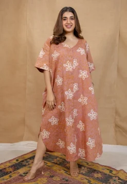 Zaya Peach Batik Cotton Loose Dress