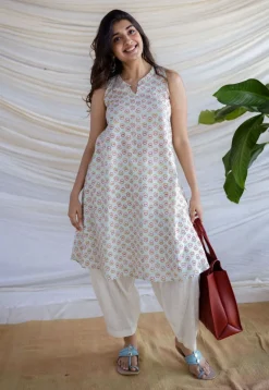 Zeeya Powder Blue Sanganeri Cotton A Line Kurta