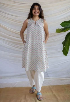 Zeeya Powder Blue Sanganeri Cotton A Line Kurta