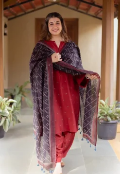 Zehra Madder Ajrakh Chanderi Silk A Line Kurta with Hand Embroidery