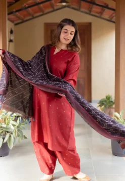 Zehra Madder Ajrakh Chanderi Silk A Line Kurta with Hand Embroidery