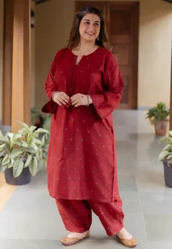 Zehra Madder Ajrakh Chanderi Silk A Line Kurta with Hand Embroidery