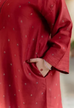 Zehra Madder Ajrakh Chanderi Silk A Line Kurta with Hand Embroidery