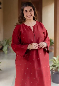 Zehra Madder Ajrakh Chanderi Silk A Line Kurta with Hand Embroidery