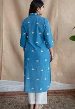 Zerah Blue Straight Dabu Slub Cotton Kurta with Hand Embroidery