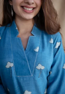 Zerah Blue Straight Dabu Slub Cotton Kurta with Hand Embroidery