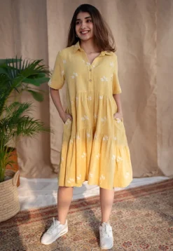 Zinat Yellow Dabu Slub Cotton A Line Dress with Embroidery
