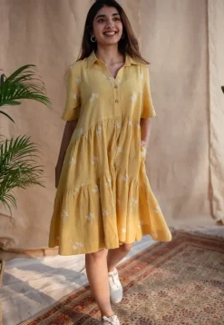 Zinat Yellow Dabu Slub Cotton A Line Dress with Embroidery