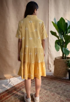 Zinat Yellow Dabu Slub Cotton A Line Dress with Embroidery