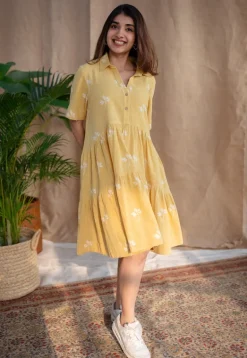 Zinat Yellow Dabu Slub Cotton A Line Dress with Embroidery